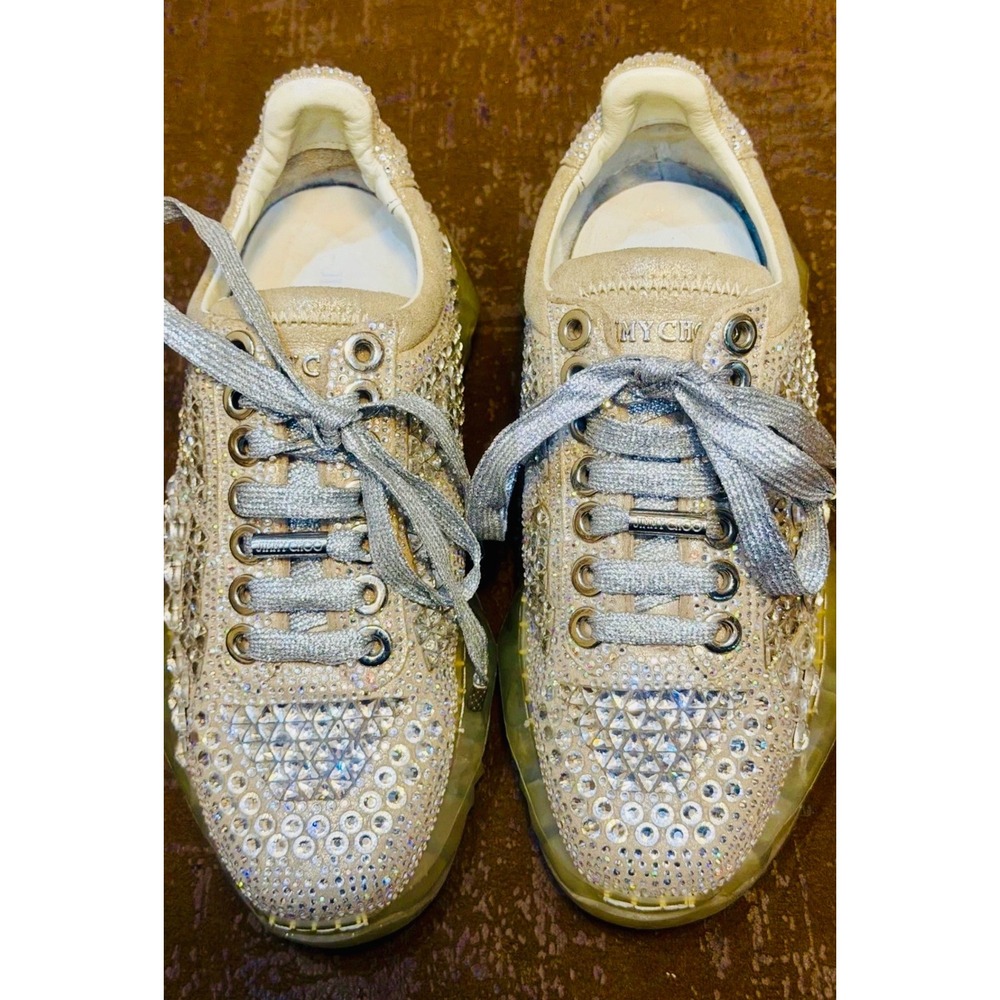 Jimmy Choo Diamond Light Crystal Champagne Suede Low Top Sneakers Silver EU 36